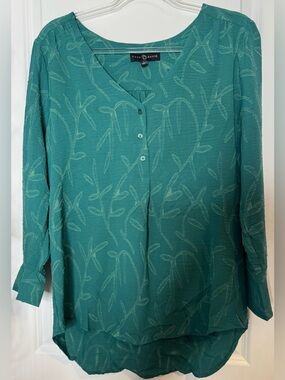 Fred David Teal Long-Sleeve V-Neck Tunic with Jacquard Leaf Pattern LG stretch